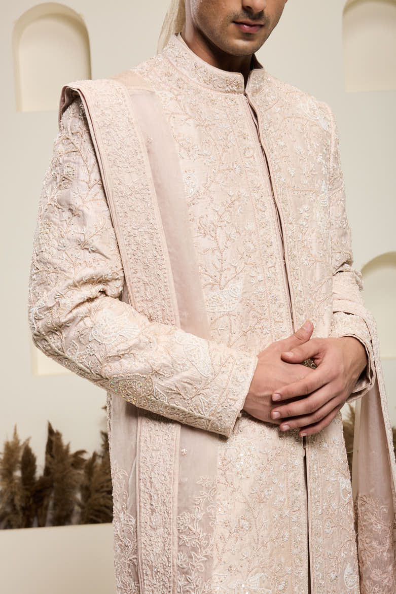 Dusty rose sherwani with pearl and thread work