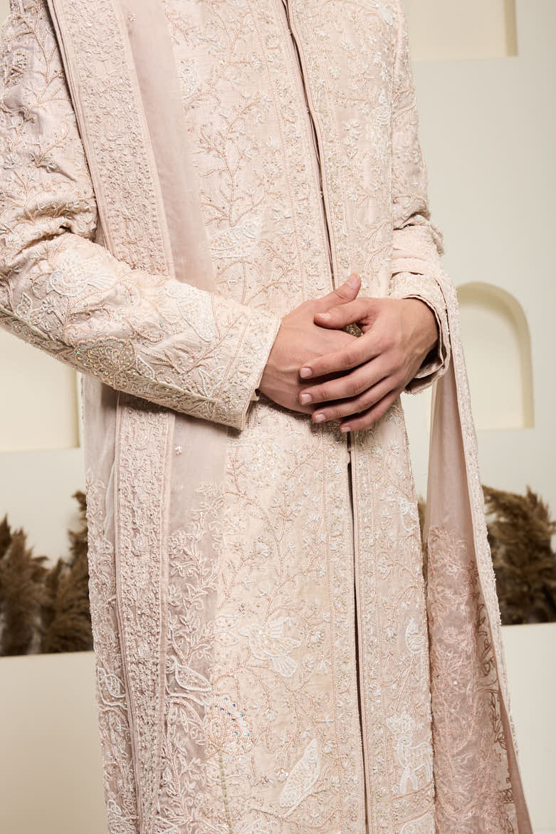 Dusty rose sherwani with pearl and thread work