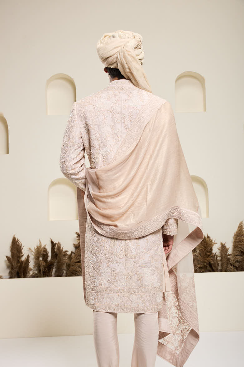 Dusty rose sherwani with pearl and thread work