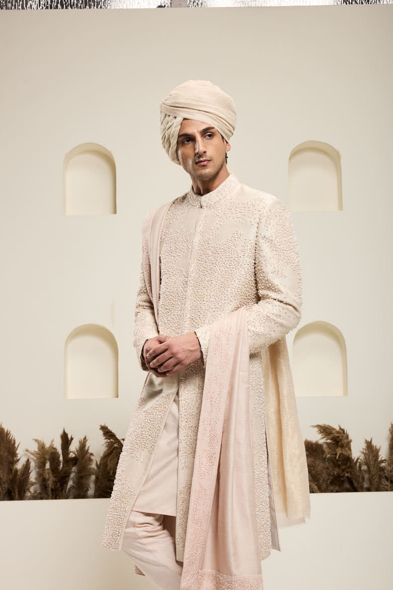 Dusty rose sherwani with pearl and cutdana