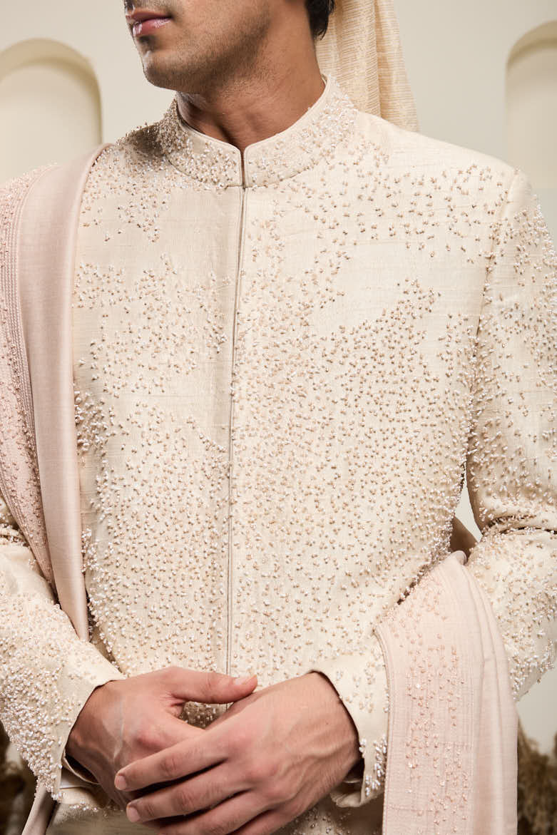 Dusty rose sherwani with pearl and cutdana