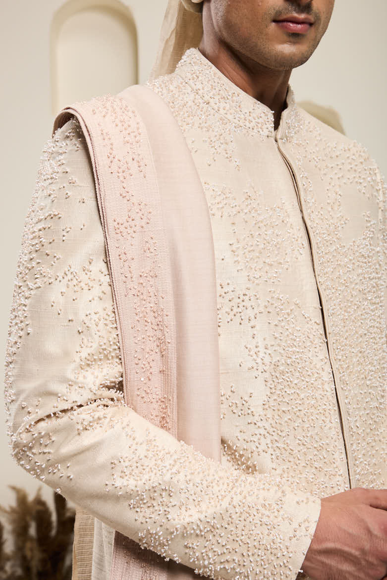 Dusty rose sherwani with pearl and cutdana