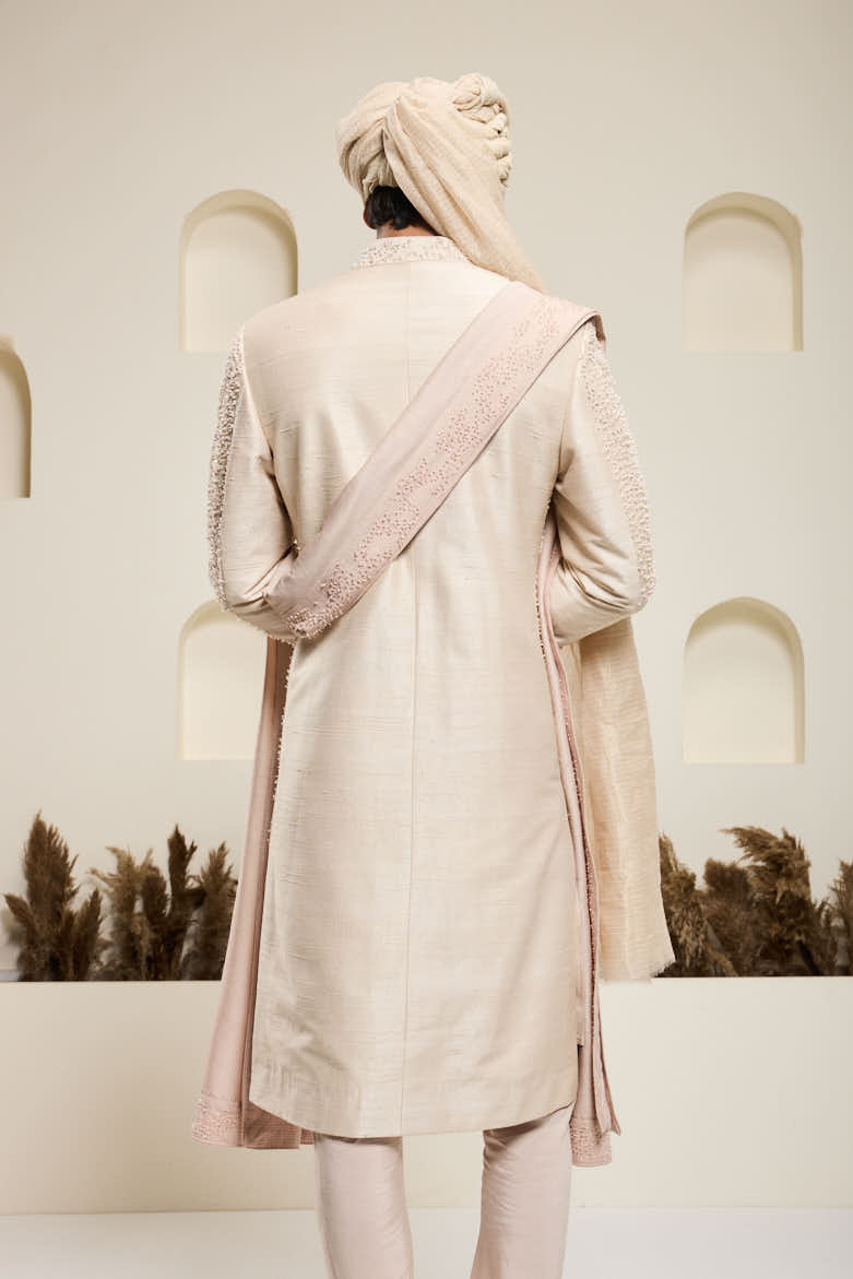Dusty rose sherwani with pearl and cutdana