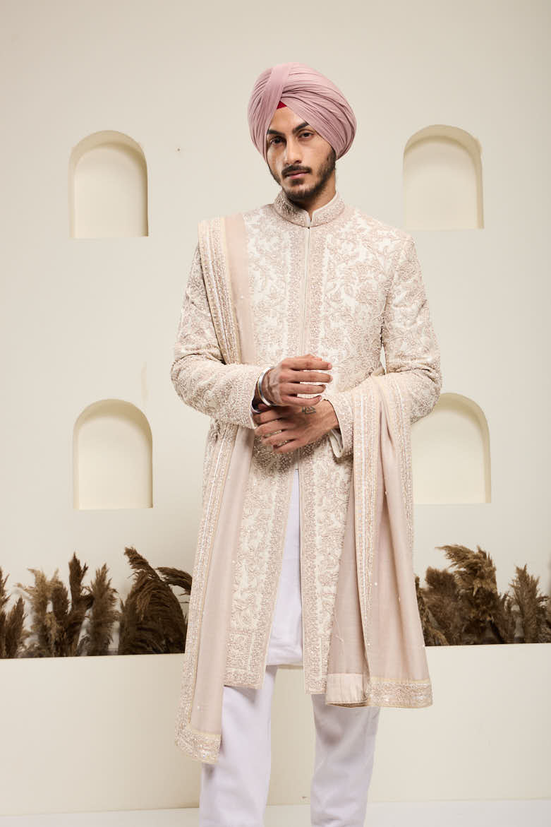 Dusty rose sherwani with pearl and sequins work