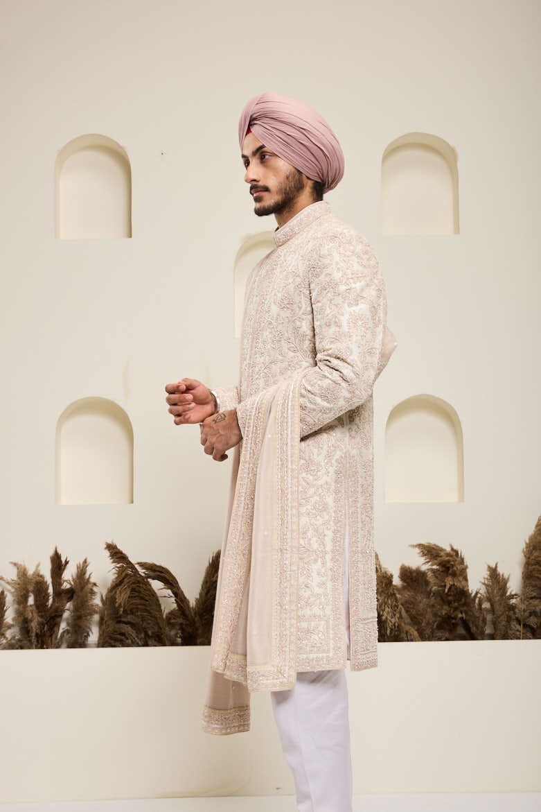 Dusty rose sherwani with pearl and sequins work