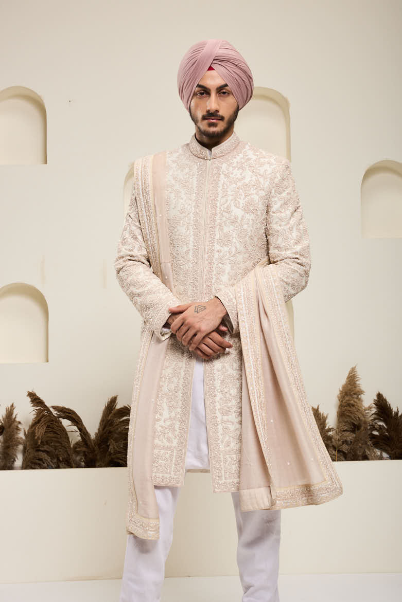 Dusty rose sherwani with pearl and sequins work