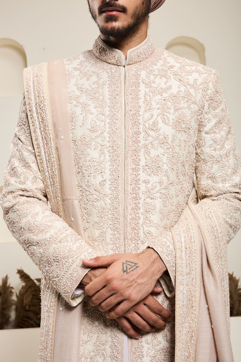 Dusty rose sherwani with pearl and sequins work