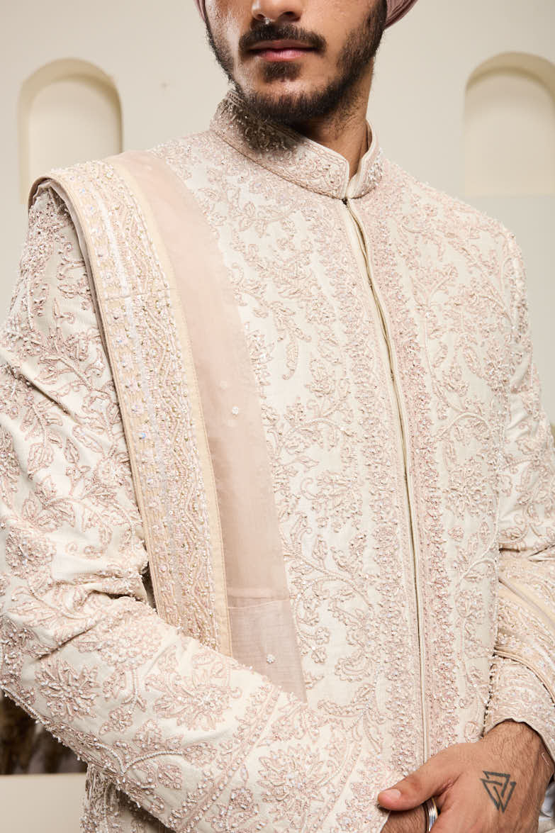 Dusty rose sherwani with pearl and sequins work