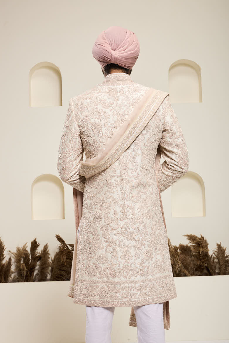 Dusty rose sherwani with pearl and sequins work