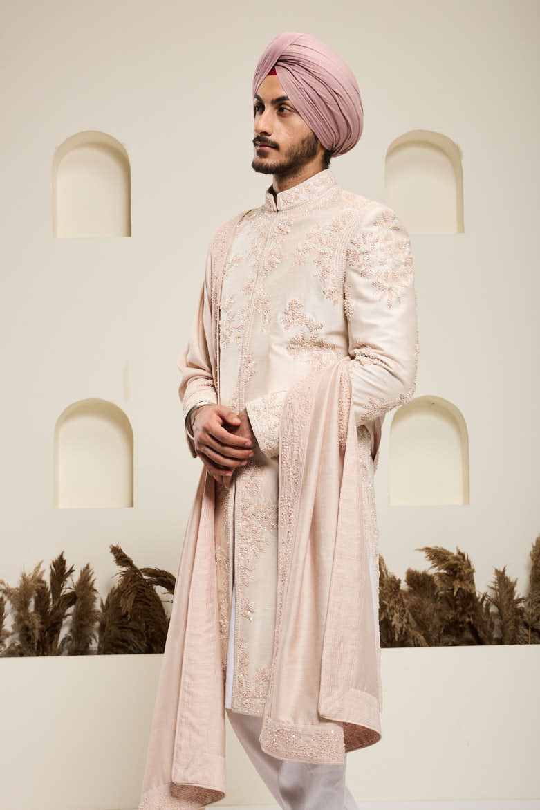 Dusty rose sherwani with pearl,sequins, critical and spring work