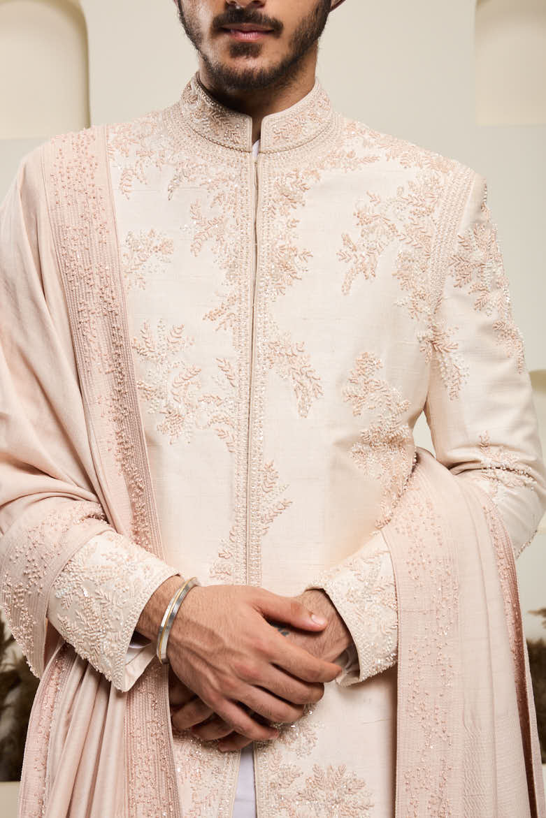 Dusty rose sherwani with pearl,sequins, critical and spring work