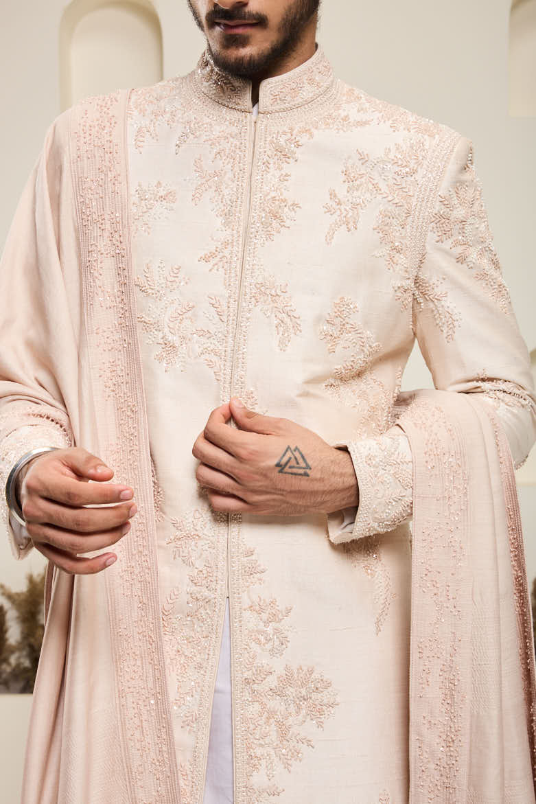 Dusty rose sherwani with pearl,sequins, critical and spring work