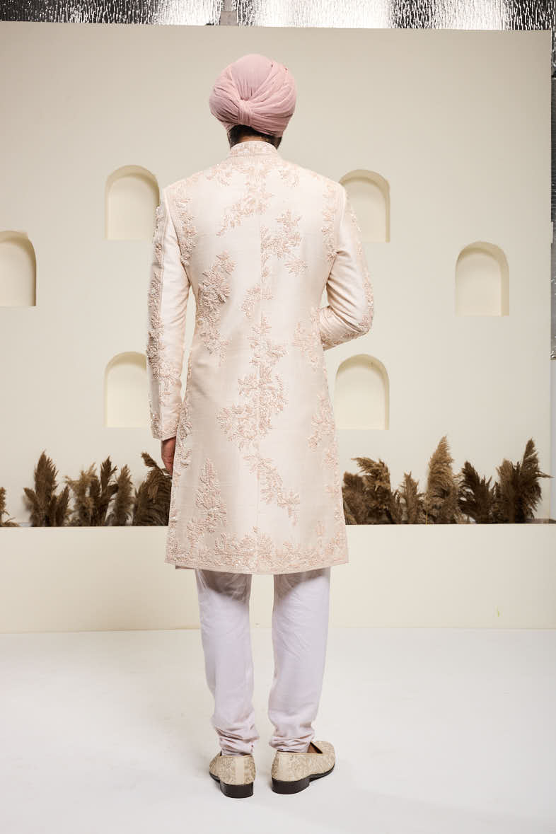Dusty rose sherwani with pearl,sequins, critical and spring work