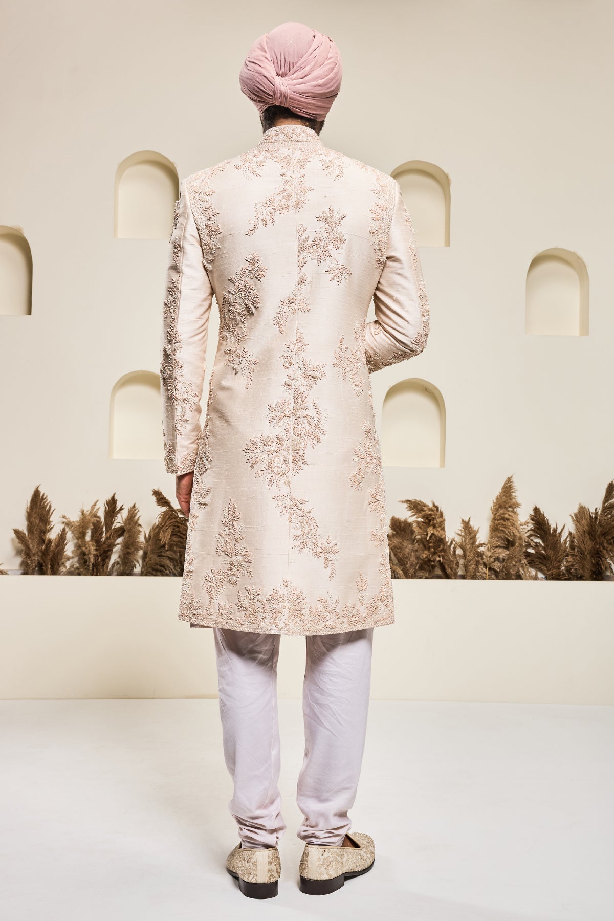 Dusty rose sherwani with pearl sequins critical and spring work