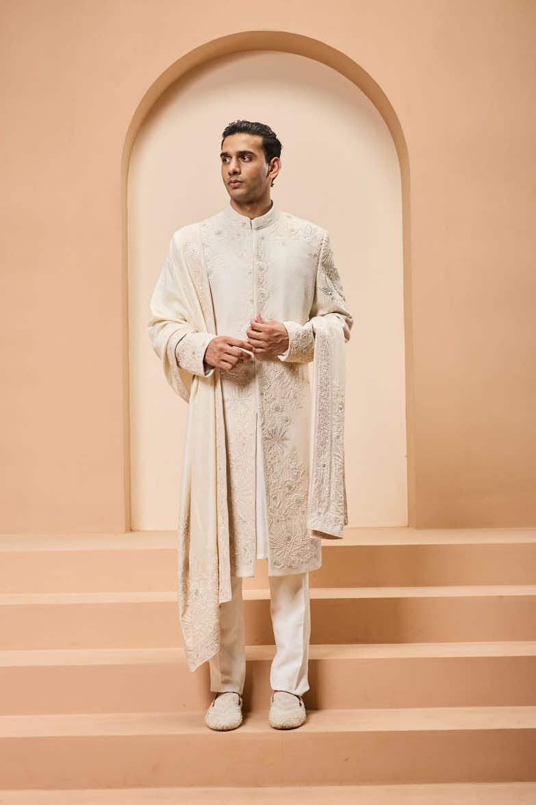 Ivory sherwani with pearl,sequins and resham thread work