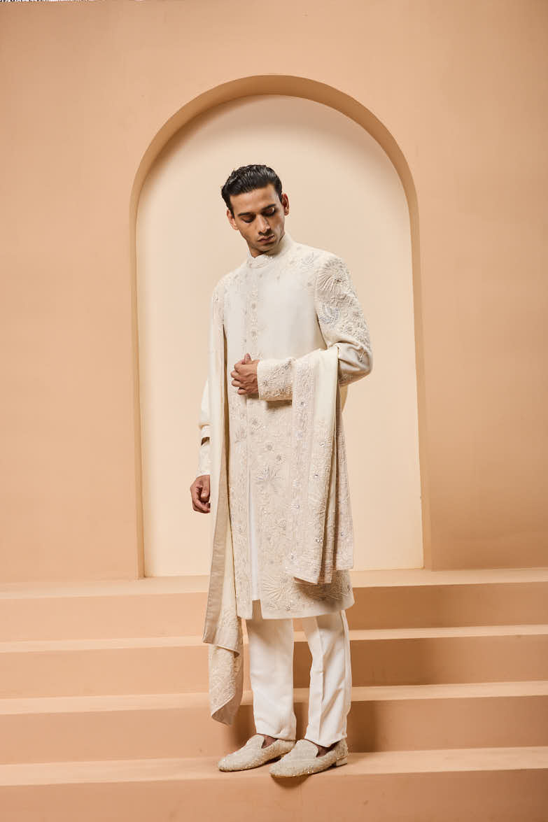Ivory sherwani with pearl,sequins and resham thread work