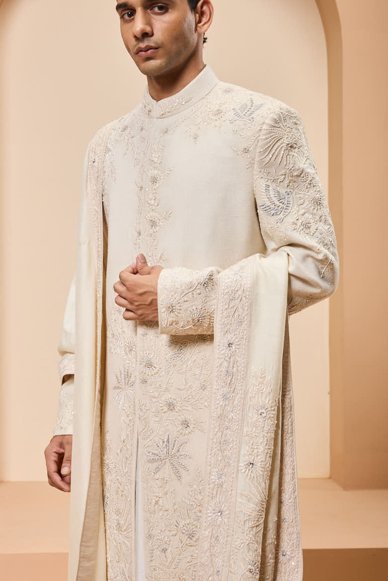 Ivory sherwani with pearl,sequins and resham thread work