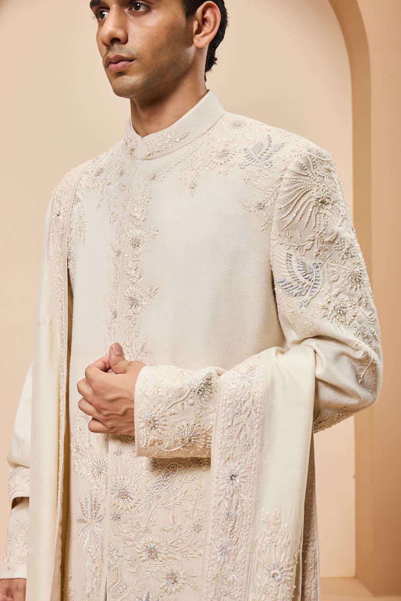 Ivory sherwani with pearl,sequins and resham thread work