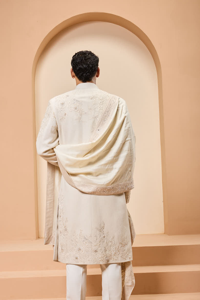 Ivory sherwani with pearl,sequins and resham thread work