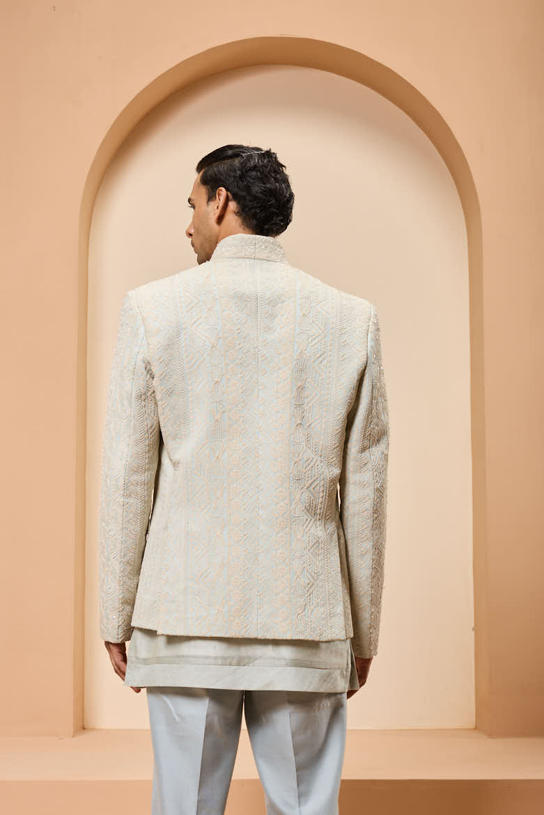 Powder blue open bandhgala
with thread , sequins & pearl
work