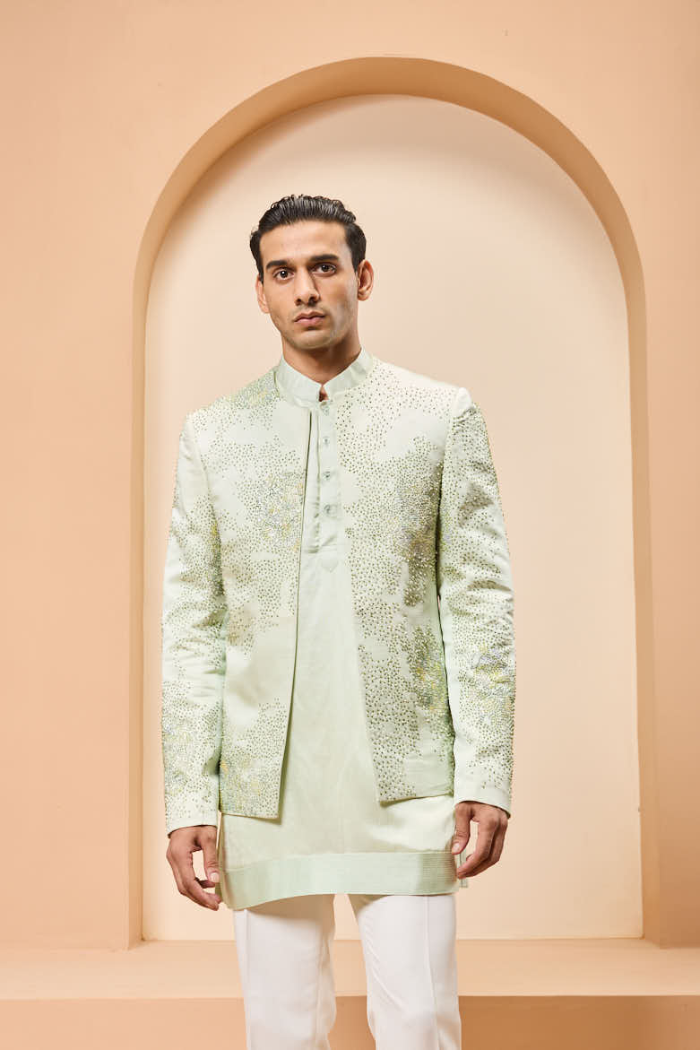Green open bandhgala
with thread , sequins & pearl
work