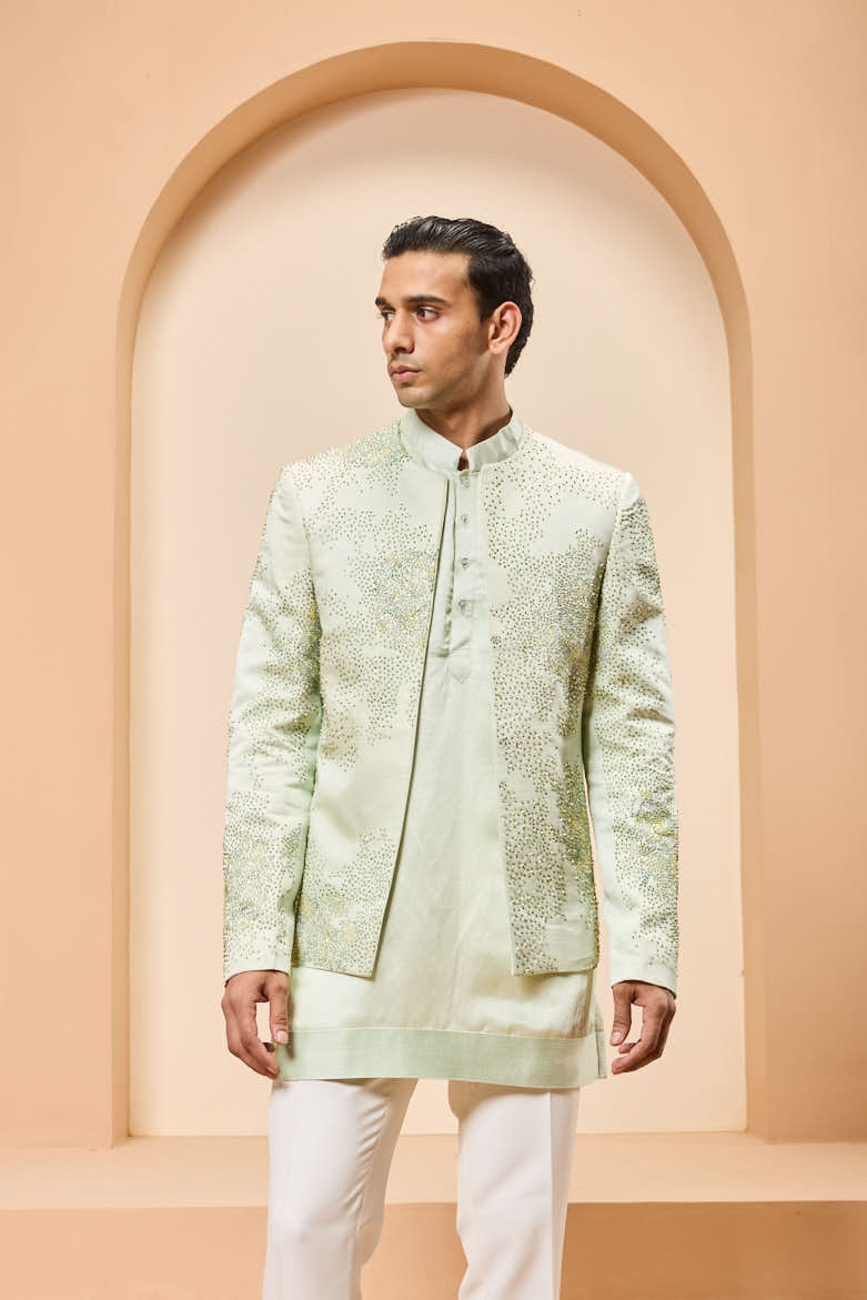 Green open bandhgala
with thread , sequins & pearl
work