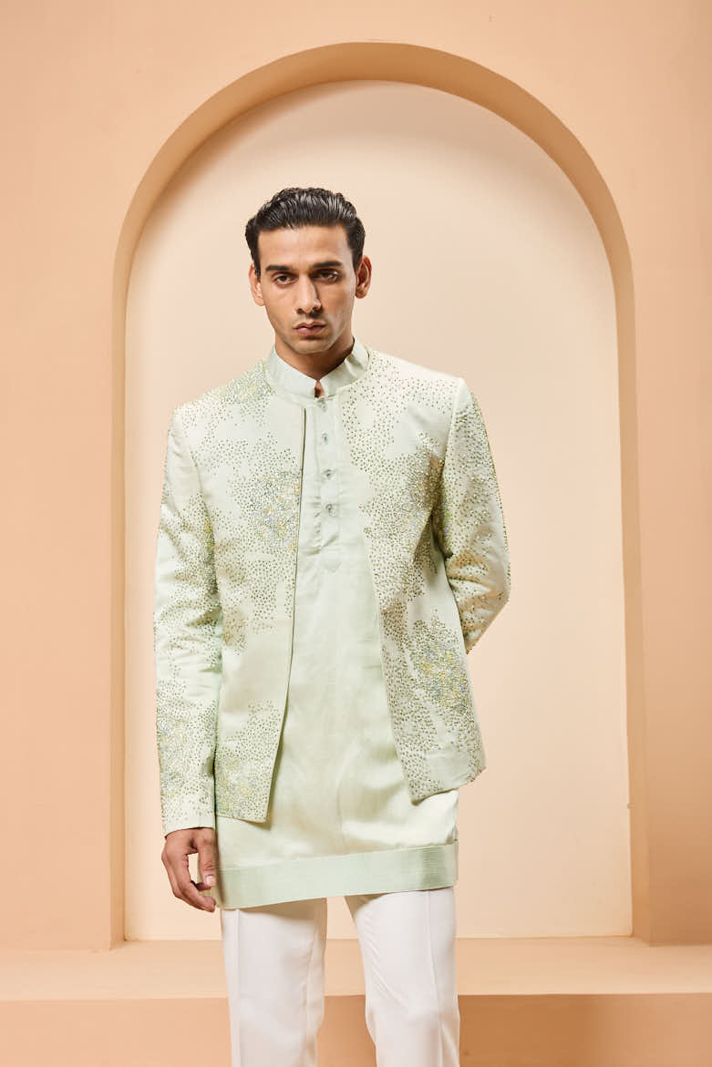 Green open bandhgala
with thread , sequins & pearl
work