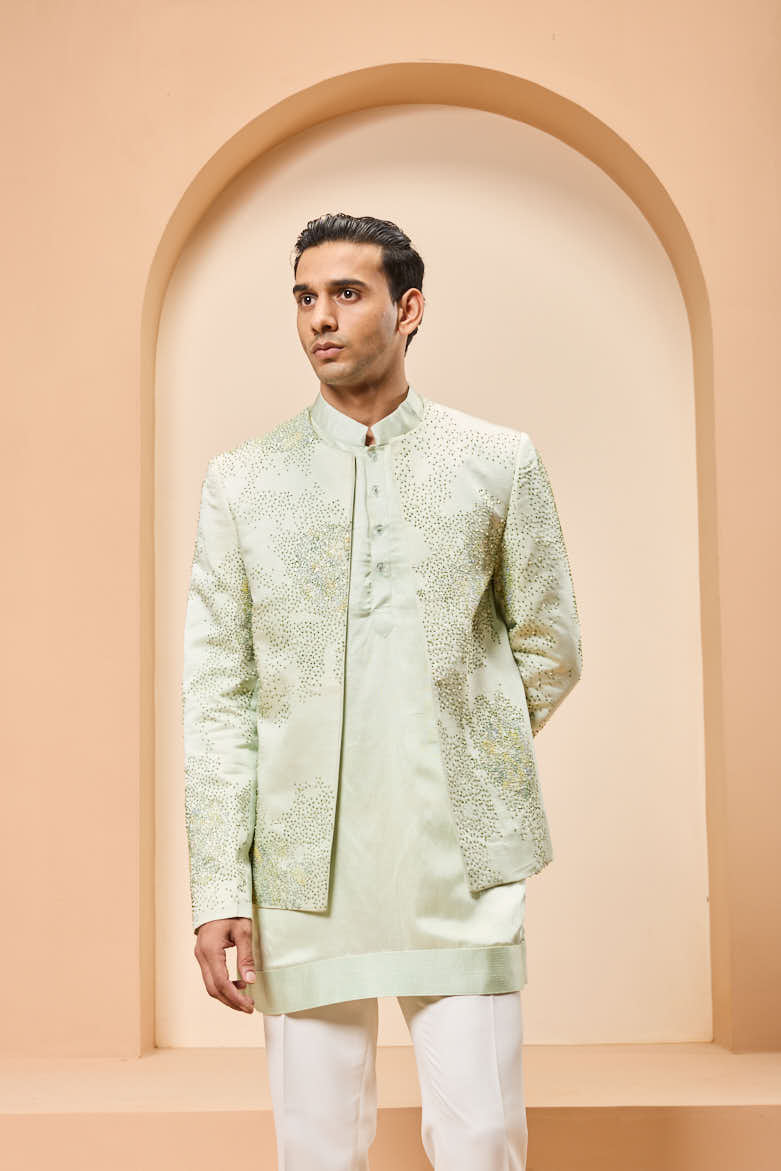 Green open bandhgala
with thread , sequins & pearl
work