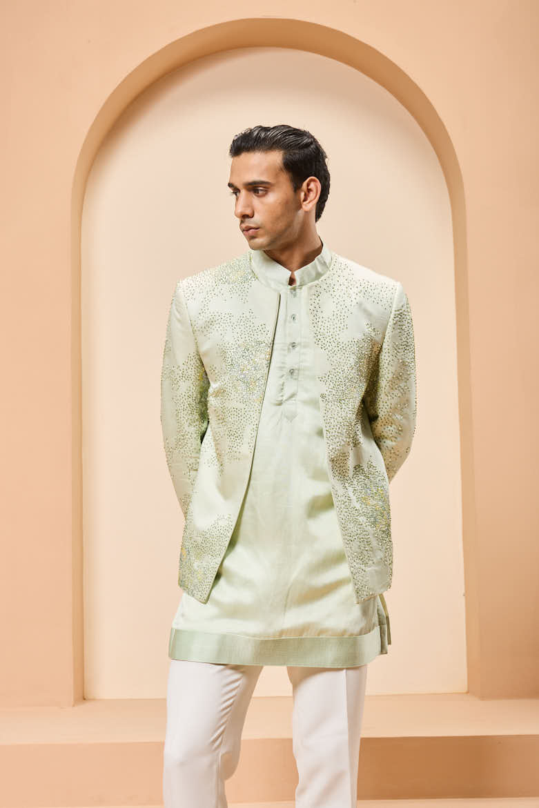 Green open bandhgala
with thread , sequins & pearl
work