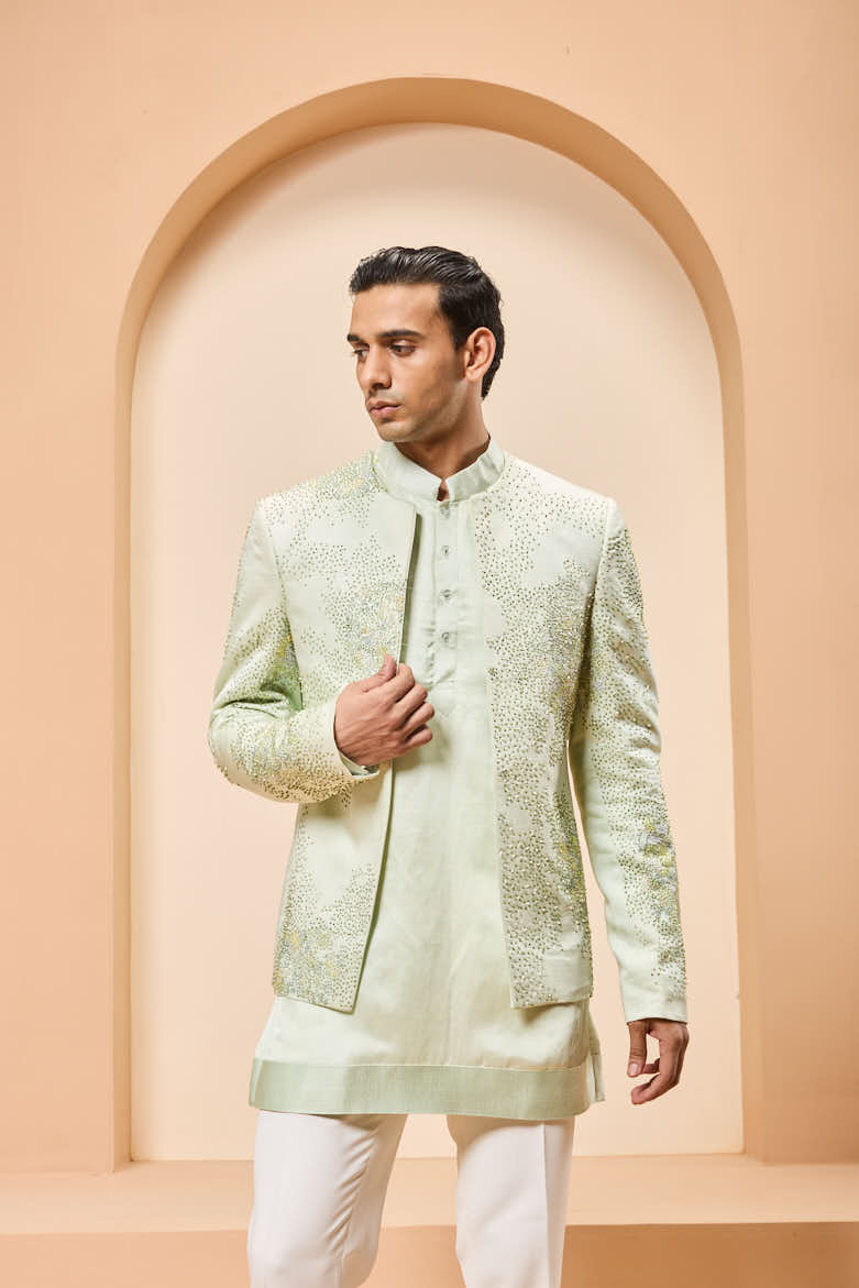 Green open bandhgala
with thread , sequins & pearl
work