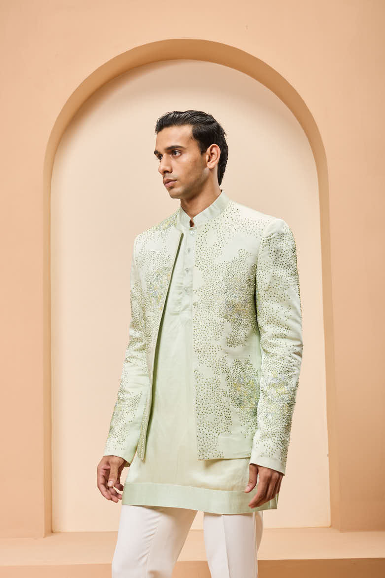 Green open bandhgala
with thread , sequins & pearl
work