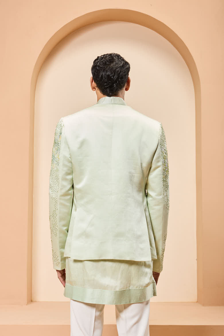 Green open bandhgala
with thread , sequins & pearl
work