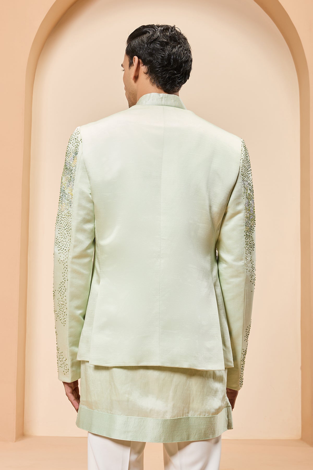 Green open bandhgala
with thread , sequins & pearl
work