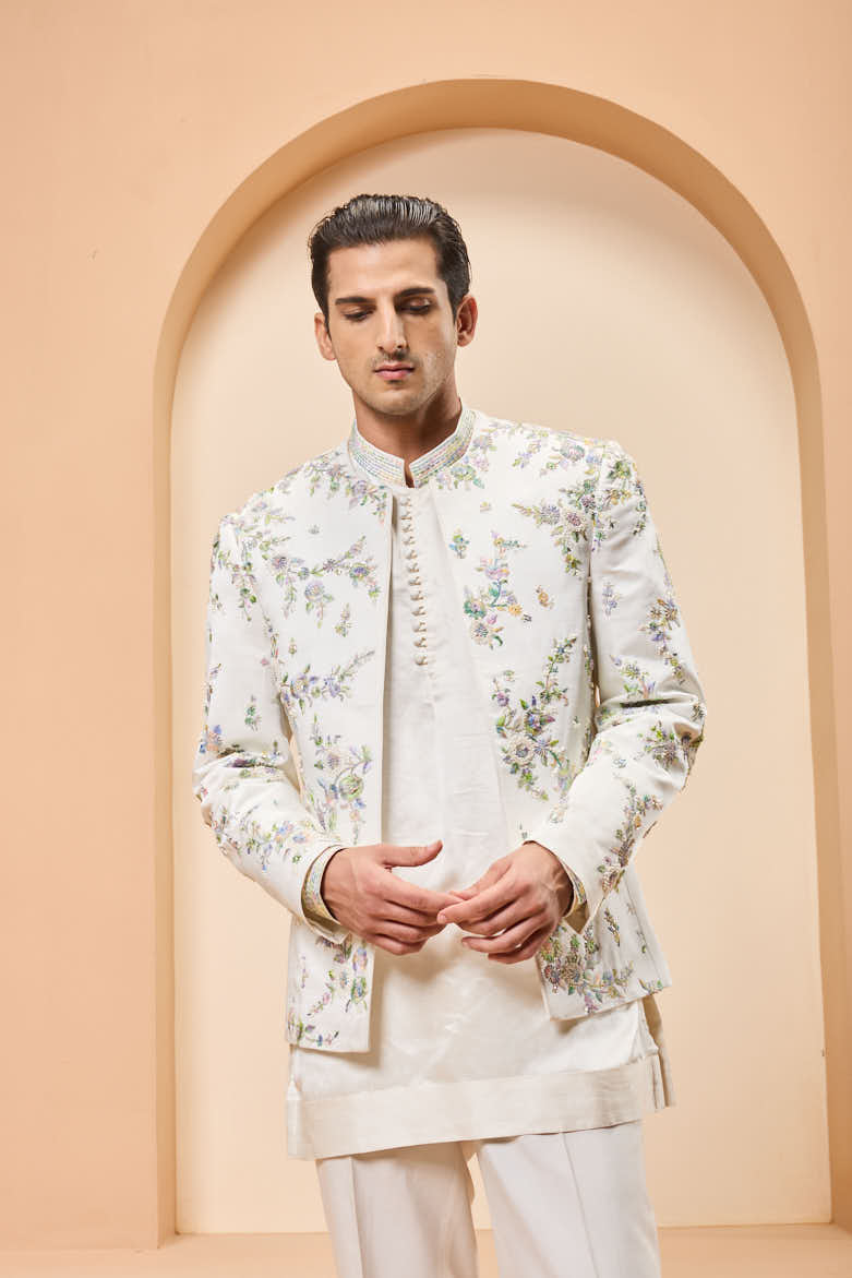 Ivory open bandhgala
with thread , sequins & pearl
work