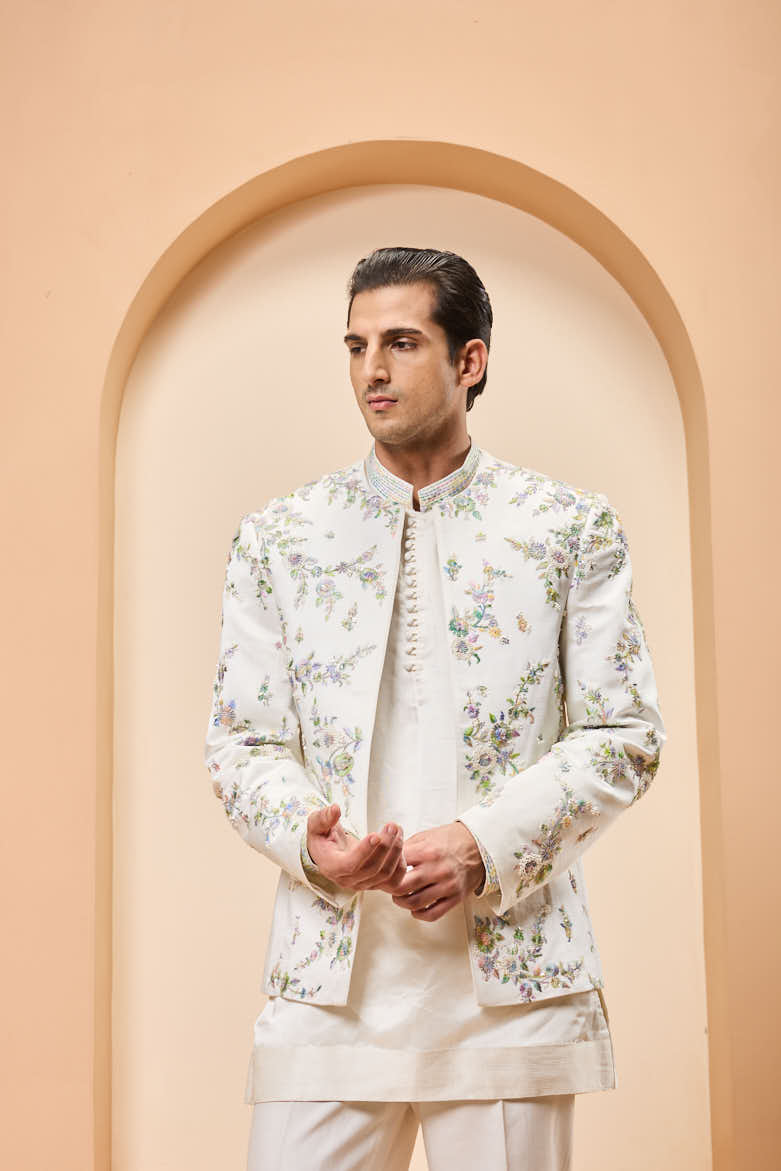 Ivory open bandhgala
with thread , sequins & pearl
work