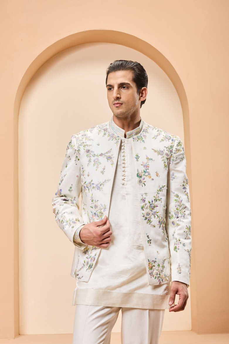Ivory open bandhgala
with thread , sequins & pearl
work