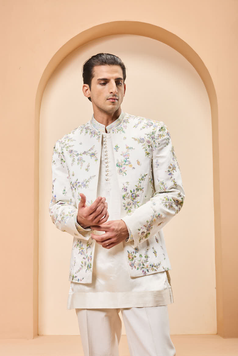 Ivory open bandhgala
with thread , sequins & pearl
work