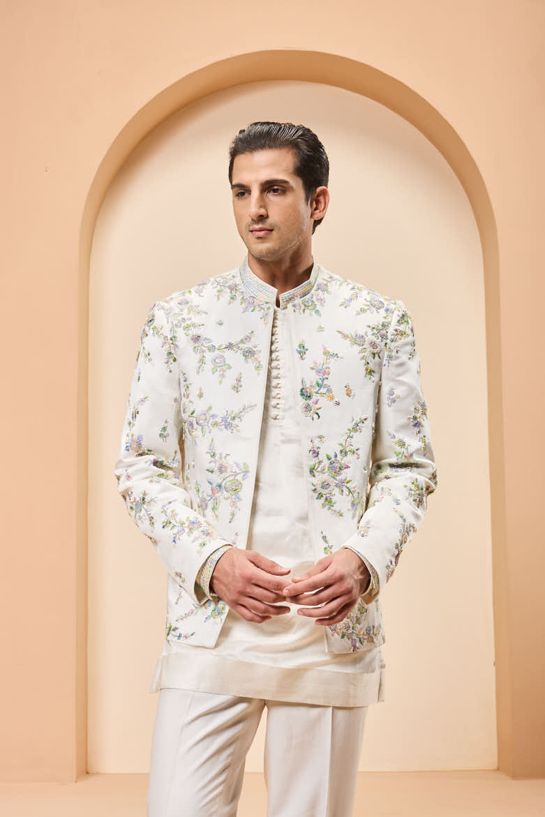 Ivory open bandhgala
with thread , sequins & pearl
work