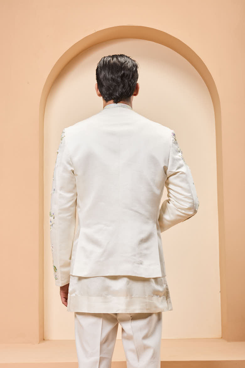 Ivory open bandhgala
with thread , sequins & pearl
work