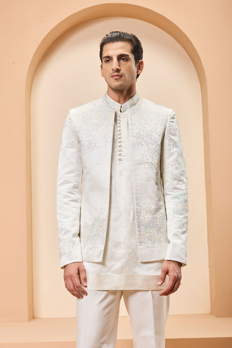 Ivory open bandhgala
with thread , sequins & pearl
work