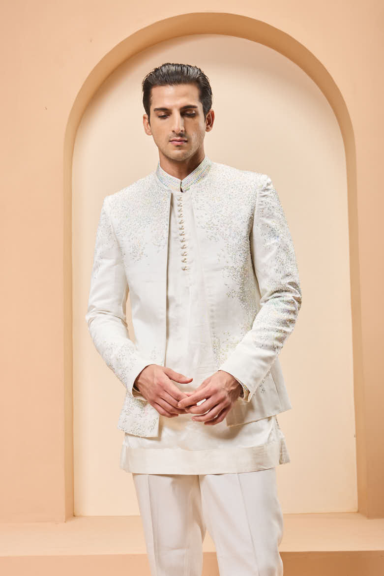Ivory open bandhgala
with thread , sequins & pearl
work