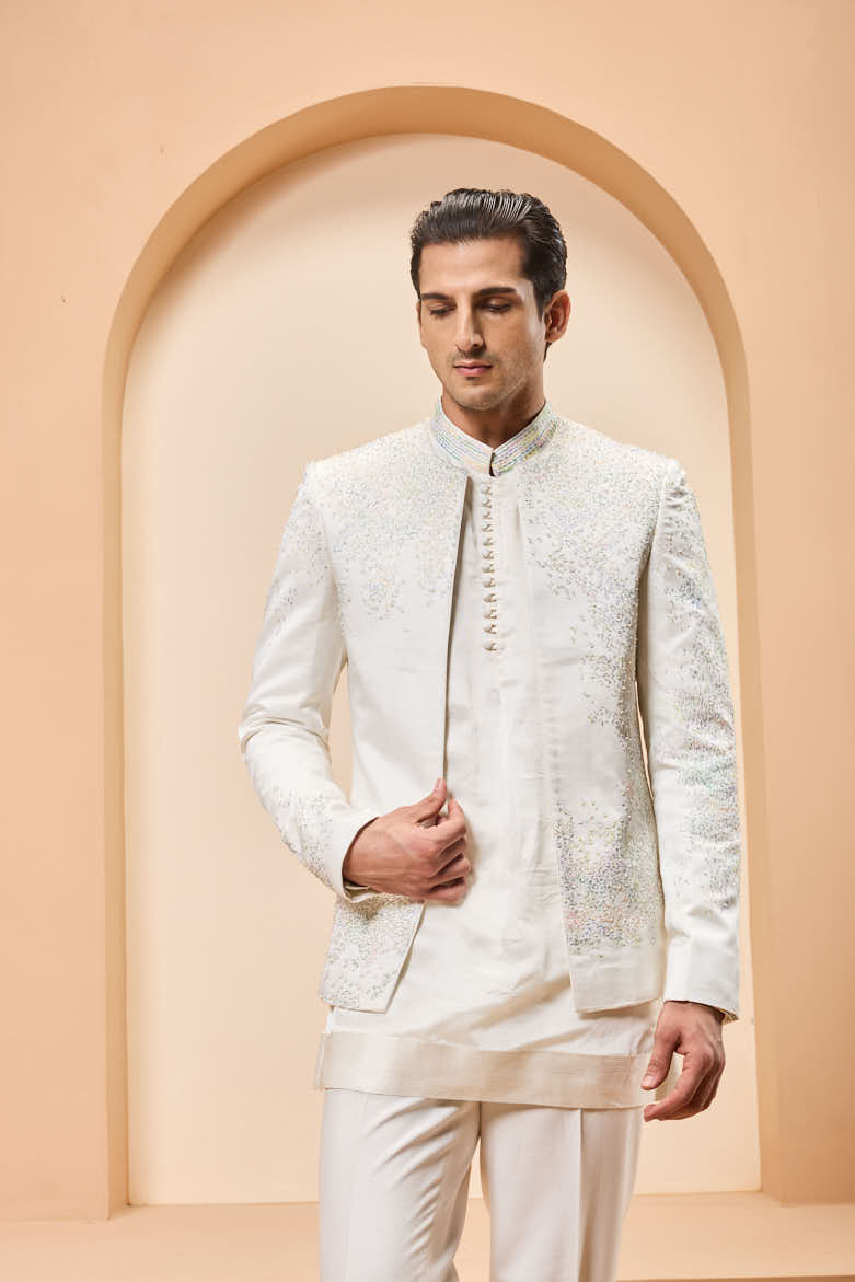 Ivory open bandhgala
with thread , sequins & pearl
work