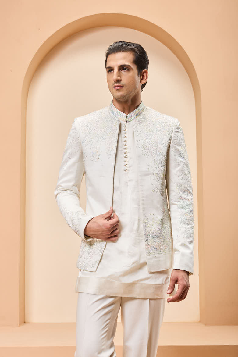 Ivory open bandhgala
with thread , sequins & pearl
work