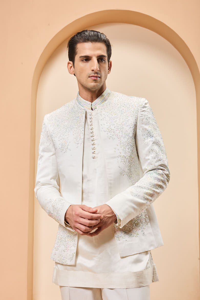 Ivory open bandhgala
with thread , sequins & pearl
work