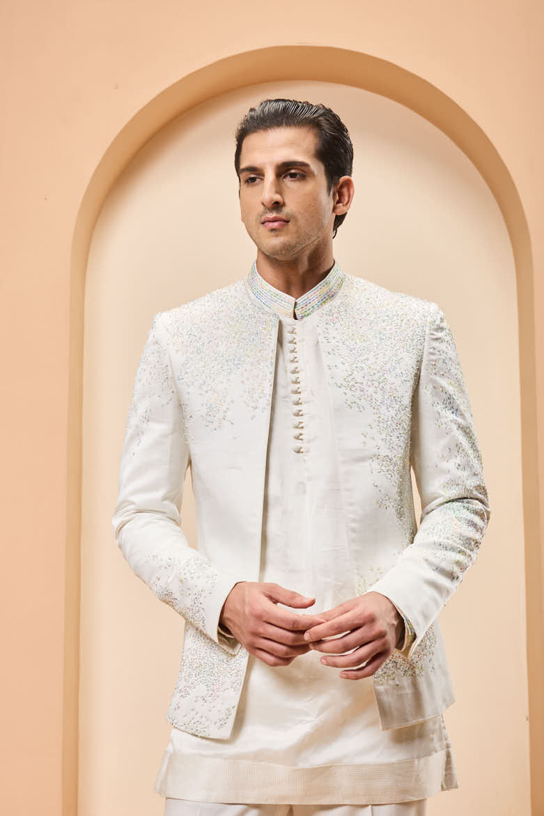 Ivory open bandhgala
with thread , sequins & pearl
work
