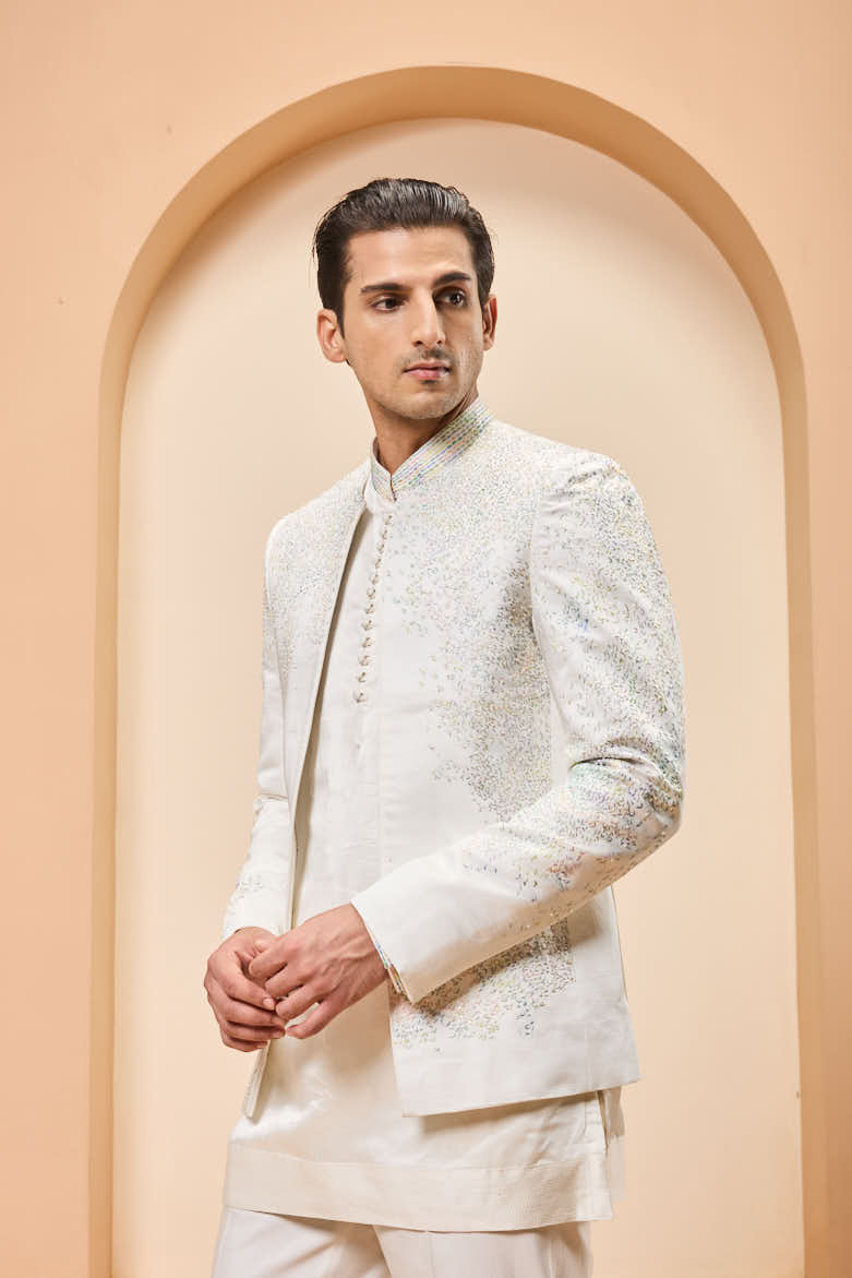 Ivory open bandhgala
with thread , sequins & pearl
work