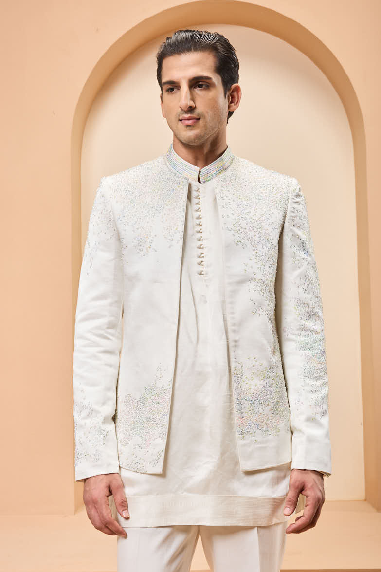 Ivory open bandhgala
with thread , sequins & pearl
work