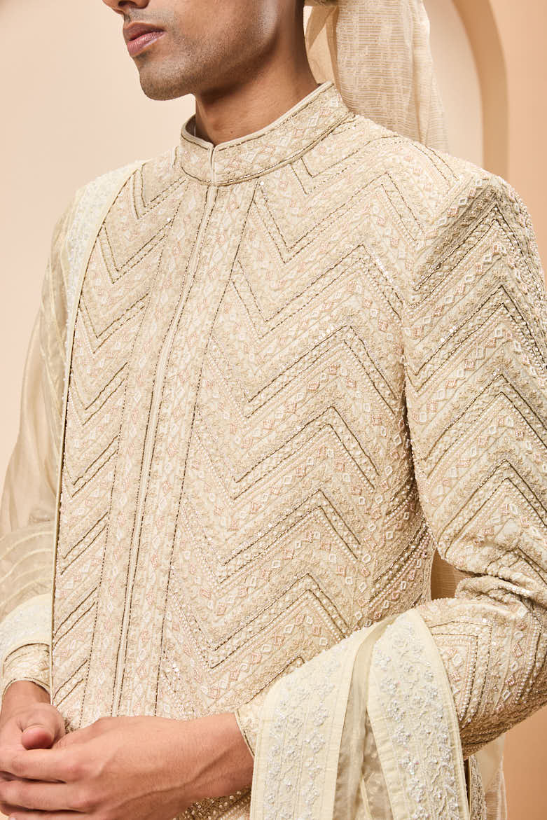 Ivory gold sherwani detailing with zardozi,pearl,sequins and thread work