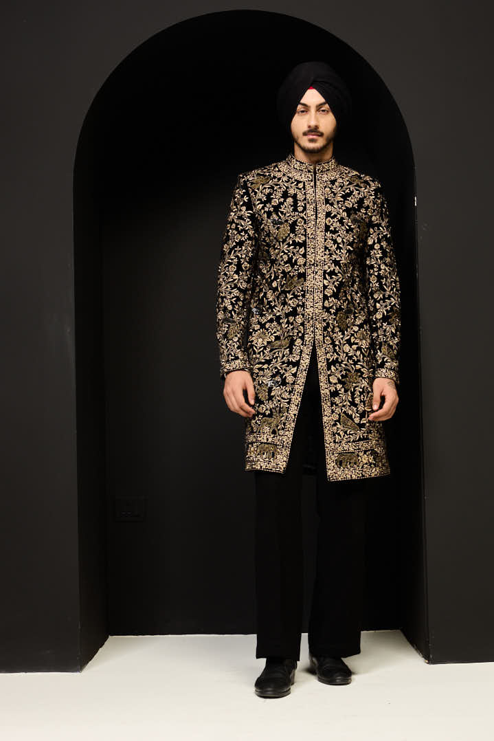 Black indo Western highlighting with gold zari, sequins, pearl and cutdana
