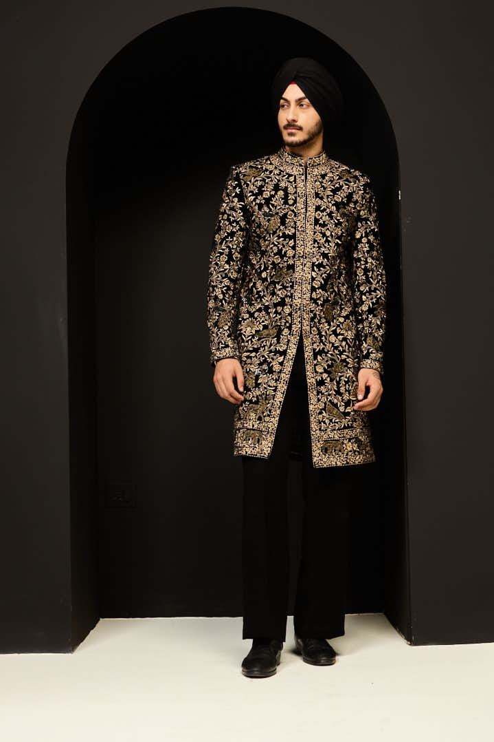 Black indo Western highlighting with gold zari, sequins, pearl and cutdana